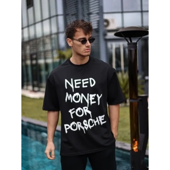 Unisex Bisiklet Yaka Baskılı Oversize T-Shirt - Siyah