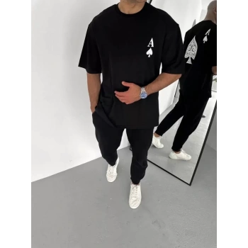 Unisex Bisiklet Yaka Baskılı Oversize T-Shirt - Siyah