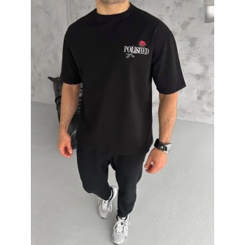 Unisex Bisiklet Yaka Baskılı Oversize T-Shirt - Siyah