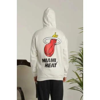 Unisex Kapşonlu Baskılı Sweetshirt - Beyaz