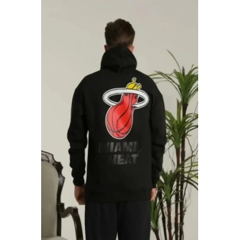 Unisex Kapşonlu Baskılı Sweetshirt - Siyah