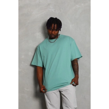 Unisex Oversize Düz Bisiklet Yaka T-Shirt - Mint Yeşili