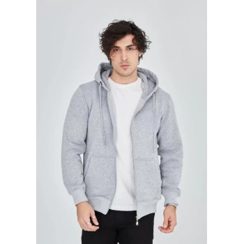 Unisex Tam Fermuarlı Kapşonlu  SweatShirt - Gri