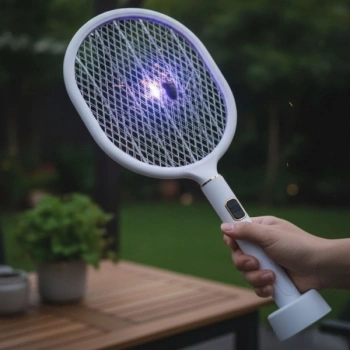USB Şarjlı Standlı Şarj Göstergeli UV Işıklı Beyaz Sinek Öldürme Raketi
