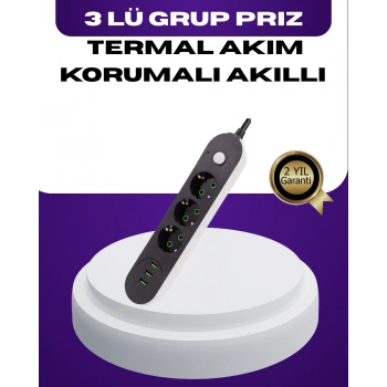 USB Yuvalı Anahtarlı Üçlü Priz 2 Metre Kablolu