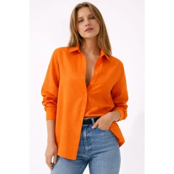 Uzun Kollu Gömlek Düğmeli Klasik Yaka Günlük Ve Ofis Şıklığına Uygun - Turuncu