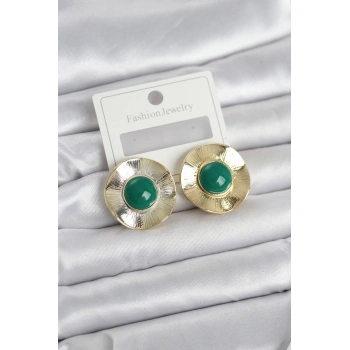 Vintage Model Yeşil Gold Renk Pirinç Kadın Küpe