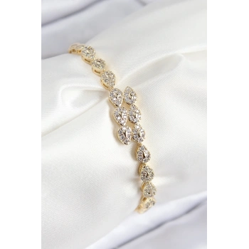VIP Pirinç Zirkon Taşlı Sıralı Damla Model Gold Renk Kadın Bileklik