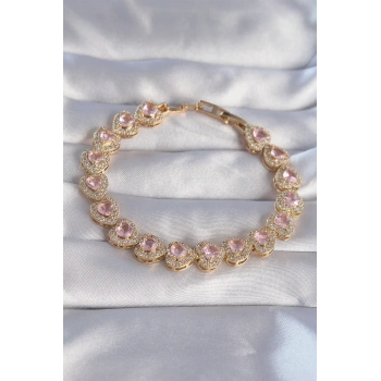 Vip Seri Pirinç Gold Renk Pembe Zirkon Taşlı Kalp Tasarımlı Bileklik