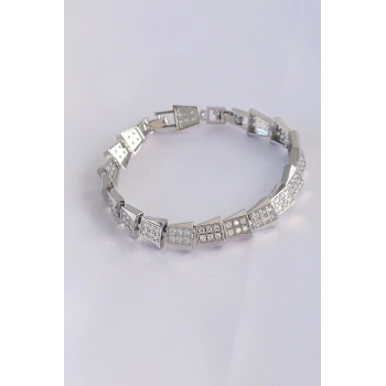 Vip Seri Pirinç Zirkon Taşlı Gümüş Renk Geometrik Bileklik