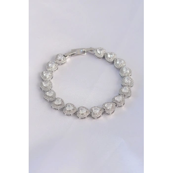 Vip Seri Pirinç Zirkon Taşlı Gümüş Renk Kalp Model Bileklik