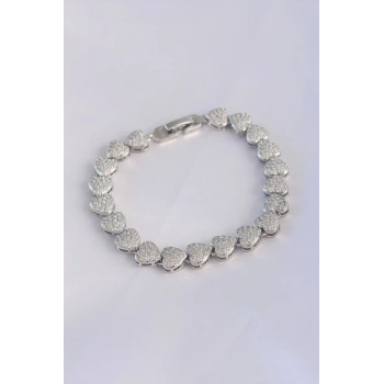 Vip Seri Pirinç Zirkon Taşlı Gümüş Renk Kalp Model Bileklik