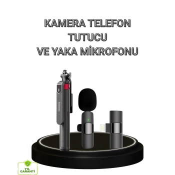 Vlog ve Canlı Yayın İçin Çift Yaka Mikrofonu ve Tripodlu Selfie Çubuğu Seti