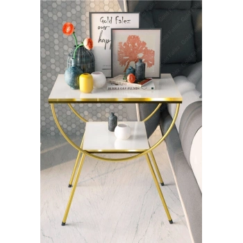 Yan Sehpa Komodin Metal Ayak Çift Gold Beyaz