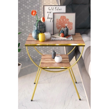 Yan Sehpa Komodin Metal Ayak Çift Gold Ceviz