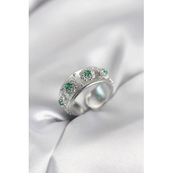 Yeşil Zirkon Taşlı Gümüş Renk Vintage Kadın Yüzük