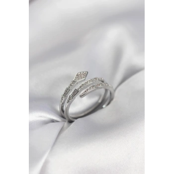 Yılan Model Gümüş Renk Zirkon Taşlı Kadın Yüzük