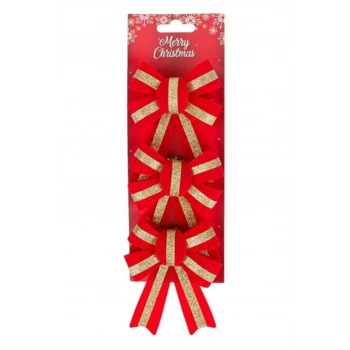 Yılbaşı Dekoratif Fiyonklar Kırmızı Kadife Altın Çizgi 14 cm - 3 adet