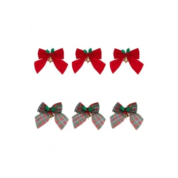 Yılbaşı Dekoratif Fiyonklar Kırmızı Kadife Kırmızı Yeşil Ekose Ökseotu 9x9cm - 6 adet