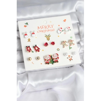 Yılbaşı Temalı Karışık Model 8 Çift Yılbaşı Temalı Kadın Küpe Seti