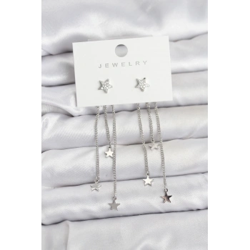 Yıldız Model Gümüş Renk Pirinç Sallantılı Kadın Küpe