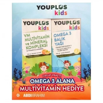 Youplus Kids Omega 3 Balık Yağı 150 ml + Kids VM 150 ml - Omega 3 Alana Multivitamin Hediye Etiketli