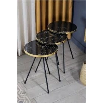 Zigon Sehpa 3lü Altın Metal Ayak Bendir Altın Siyah