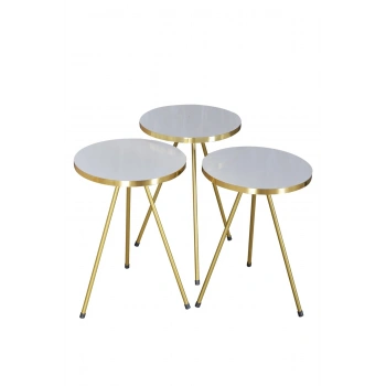 Zigon Sehpa 3lü Altın Metal Ayak Beyaz Altın  1061