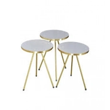 Zigon Sehpa 3lü Altın Metal Ayak Beyaz Altın 1061