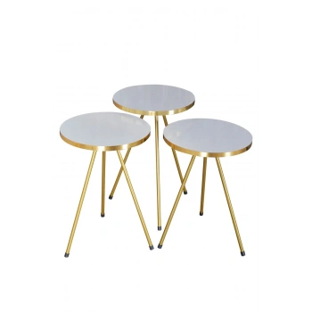 Zigon Sehpa 3lü Gold Metal Ayak Beyaz Gold