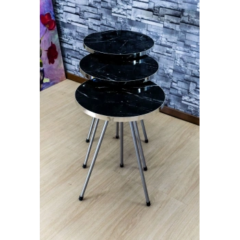 Zigon Sehpa 3lü Gümüş Metal Ayak Gümüş Siyah Bendir 1069