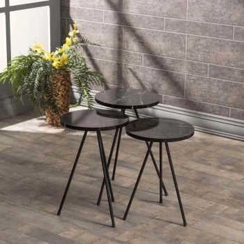 Zigon Sehpa 3 Lü Metal Ayak  Siyah Mermer Desen