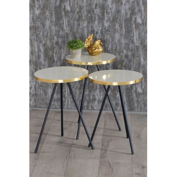 Zigon Sehpa 3 Lü Siyah Metal Ayak Altın Krem