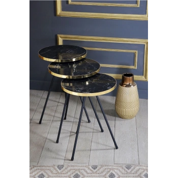 Zigon Sehpa 3 Lü Siyah Metal Ayak Bendir GOLD