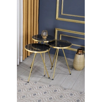 Zigon Sehpa Ve Orta Sehpa Elips Altın Metal Ayak Altın Bendir Set