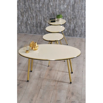 Zigon Sehpa ve Orta Sehpa Elips Krem Set Metal Ayak Çift Gold