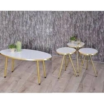 Zigon Sehpa Ve Orta Sehpa Elips Set  Altın Metal Ayak Altın Beyaz