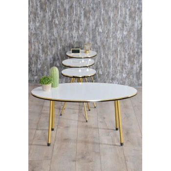 Zigon Sehpa ve Orta Sehpa Elips Set Çift Gold Beyaz Metal