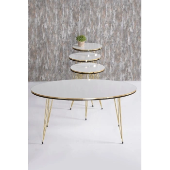 Zigon Sehpa Ve Orta Sehpa Elips Set Çift Gold Beyaz Tel