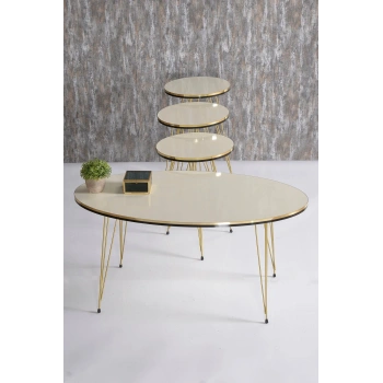 Zigon Sehpa Ve Orta Sehpa Elips Set Çift Gold Krem Tel Ayak