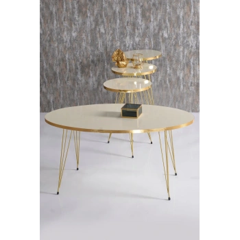 Zigon Sehpa Ve Orta Sehpa Elips Set Gold Krem Tel