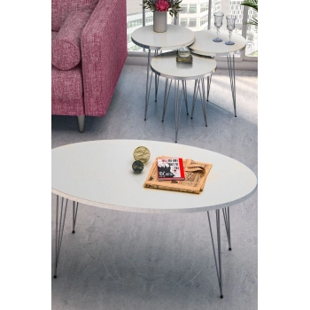 Zigon Sehpa Ve Orta Sehpa Elips Set Gümüş Beyaz Tel