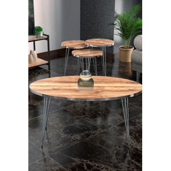 Zigon Sehpa Ve Orta Sehpa Elips Set Gümüş Ceviz Tel