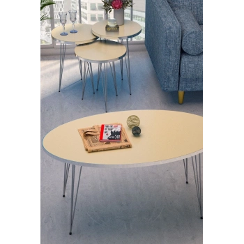 Zigon Sehpa Ve Orta Sehpa Elips Set Gümüş Krem Tel