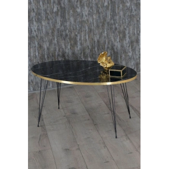 Zigon Sehpa Ve Orta Sehpa Elips Set Siyah Ayak Altın Bendir Tel