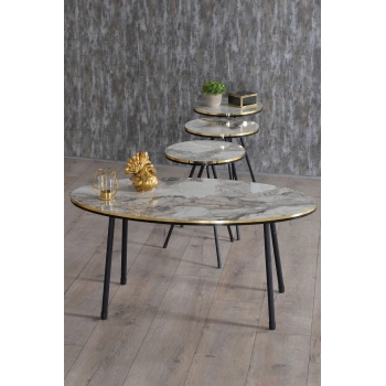 Zigon Sehpa Ve Orta Sehpa Elips Set Siyah Metal Ayak Çift Altın Efes