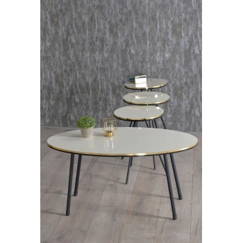 Zigon Sehpa Ve Orta Sehpa Elips Set Siyah Metal Ayak Çift Altın Krem