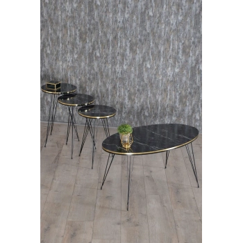 Zigon Sehpa Ve Orta Sehpa Elips Set Siyah Tel Ayak Çift Altın Bendir