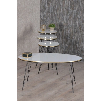 Zigon Sehpa Ve Orta Sehpa Elips Set Siyah Tel Ayak Çift Altın Beyaz