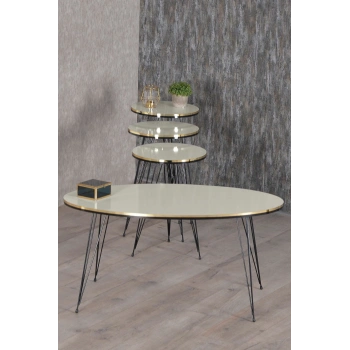 Zigon Sehpa Ve Orta Sehpa Elips Set Siyah Tel Ayak Çift Altın Krem